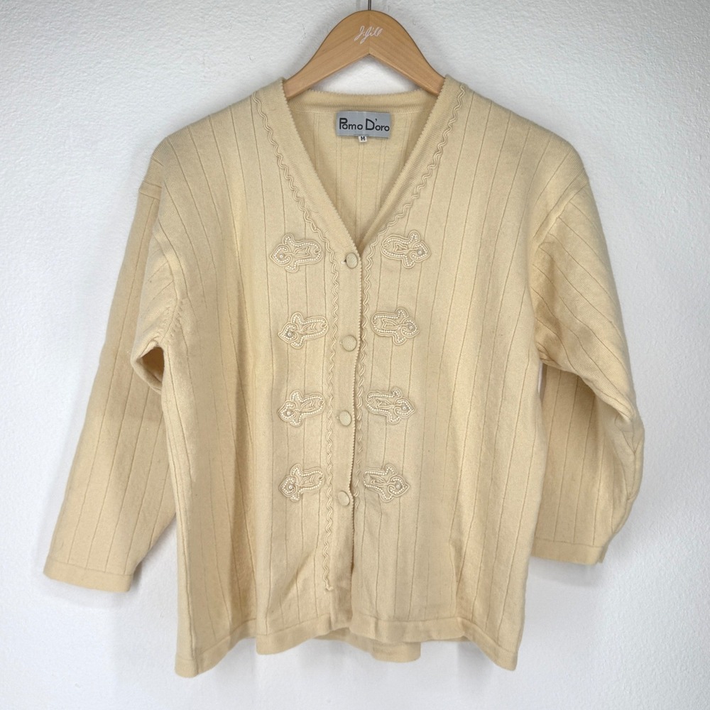 Pomo Doro Womens Cream Ribbed Cardigan Button‎ Pearl Beaded Size M Wool Country